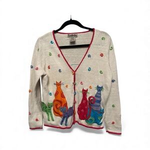 Vintage Y2K Era Timberlea Colorful & Chaotic Cat Embroidered Cardigan Medium